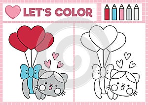 Saint Valentine coloring page for children with cute kawaii cat flying on heart shaped balloons. Vector love holiday outline