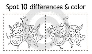 Saint Valentine day find differences game for children. Holiday black and white educational activity and coloring page with funny