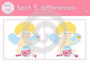 Saint Valentine day find differences game for children. Holiday educational activity with funny cupid and jar with hearts.