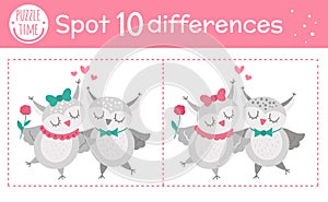 Saint Valentine day find differences game for children. Holiday educational activity with funny owls couple. Printable worksheet