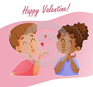 Saint Valentine day, greeting card with lesbian women couple. Romantic LGBT postcard design