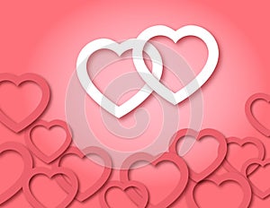 Saint Valentine Day horizontal postcard. Cute romantic paper cut hearts on pink background. Cozy vector template of stock