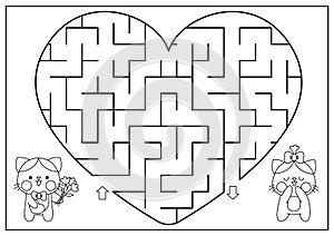 Saint Valentine heart shaped black and white maze for kids. Love holiday line printable activity with kawaii cats. Labyrinth game