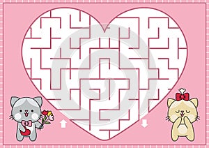 Saint Valentine heart shaped maze for kids on pink background. Love holiday preschool printable activity with kawaii cats.