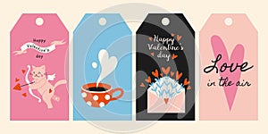 Saint Valentine's day gift tags and cards. Lovely romantic elements, cartoon style. Trendy modern vector