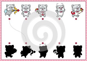 Saint Valentine shadow matching activity with cats. Love holiday shape recognition puzzle with kawaii animals. Find correct