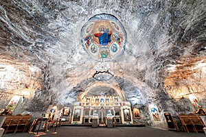 Saint Varvara Church inside Targu Ocna public Salt Mine near Targu Ocna town, Romania