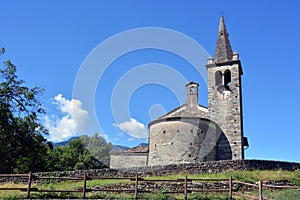 Saint Vincent, Aosta Valley, Italy- The small and antique Romanesque-style church in the village of Moron photo