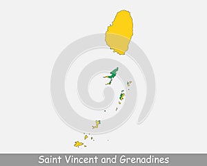 Saint Vincent and Grenadines Flag Map. Map of St. Vincent and the Grenadines with the Vincentian national flag isolated on a white photo