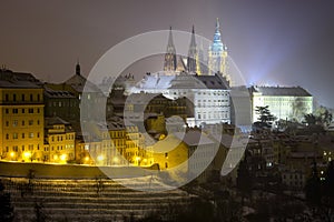 Saint Vitus Cathedral. Snowy atmosphere during winter night. Unesco, Prague, Czech republic