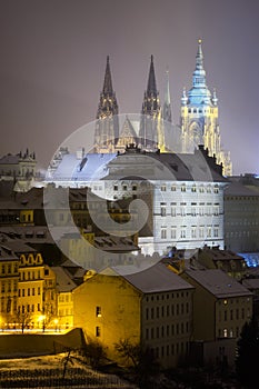 Saint Vitus Cathedral. Snowy atmosphere during winter night. Unesco, Prague, Czech republic