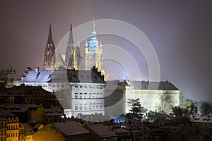 Saint Vitus Cathedral. Snowy atmosphere during winter night. Unesco, Prague, Czech republic