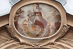 Saint Wenceslas on Horse. House sign at Mala Strana in Prague. photo