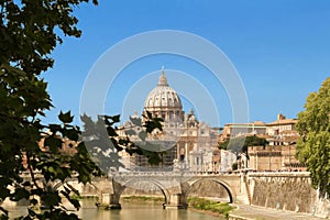 The SaintAngel bridge and St. Peter`s Basilica , Rome, Italy