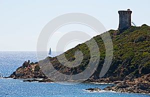 Sainte Lucie de Porto Vecchio, beach, Pinarello, Genoese Tower , France, Europe, summer, sailing