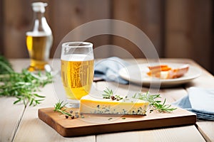 saison beer with cheese pairing on rustic board photo