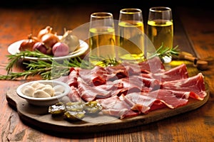saison with plates of several herb-marinated meats photo