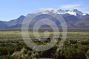 Sajama National Park surrounded by snow-capped mountains with black clouds surrounded by dry vegetation. Bolivia