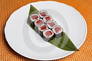 Sake maki Japanese sushi rolls with tuna