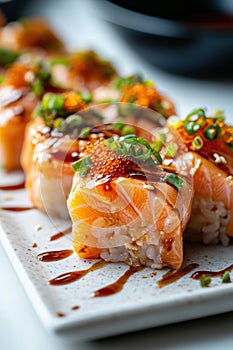 Sake Sashimi roll on white background. Generative AI