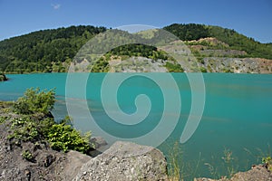 Sakhalin Island, Russia, Emerald water lake on a place of abandoned mine