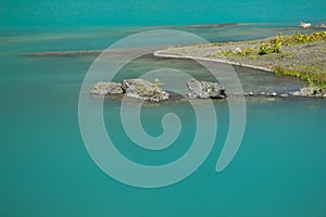 Sakhalin Island, Russia, Emerald water lake on a place of abandoned mine