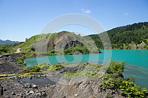 Sakhalin Island, Russia, Emerald water lake on a place of abandoned mine