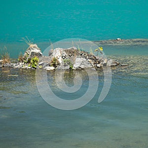 Sakhalin Island, Russia, Emerald water lake on a place of abandoned mine