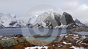 Sakrisoy and Hamnoya on Reinefjorden from mountain on the Lofoten in Norway in winter