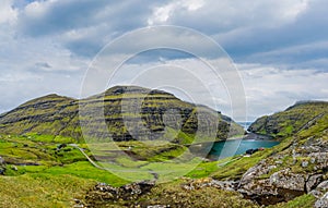 Saksun village and lake wide panoramic view