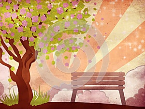 Sakura and bench on grunge background