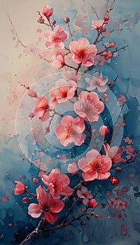 Sakura blooming in Asia, Oriental art. AI generative