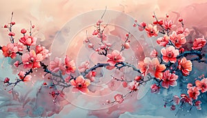 Sakura blooming in Asia, Oriental art. AI generative