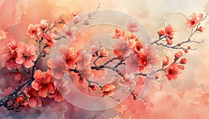 Sakura blooming in Asia, Oriental art. AI generative