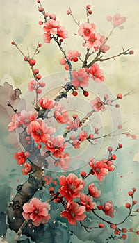 Sakura blooming in Asia, Oriental art. AI generative