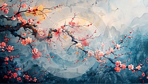Sakura blooming in Asia, Oriental art, Japan. AI generative