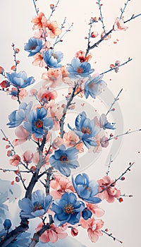 Sakura blooming in Asia, Oriental art, Japan, Korea. AI generative