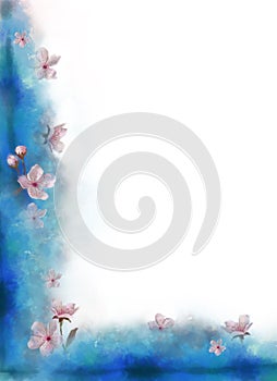 Sakura Blooms in Blue Clouds. Template for Romantic Spring Design. Watercolor Hand Painted Floral Template.
