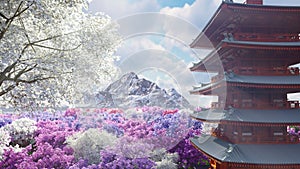 A sakura blooms in spring on the background of mountains, Japanese temple and fields of flowers. Travel and adventure