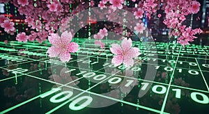 Sakura Blossom Binary Code Matrix - Digital Future of Nature and Technology