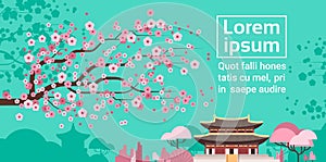 Sakura Blossom Over Korea Temple Or Palace Landscape South Korean Famous Landmark View photo
