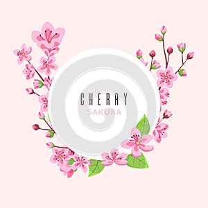 Sakura blossom. Peach cherry flowers, pink floral banner template. Cute female postcard, mother day vector background