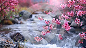 Sakura Blossoms Adorning a Serene Waterfall Scene.