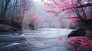 Sakura Blossoms Adorning a Serene Waterfall Scene.