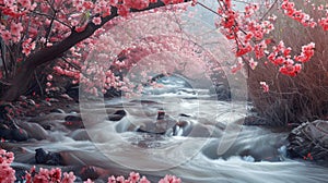 Sakura Blossoms Adorning a Serene Waterfall Scene.