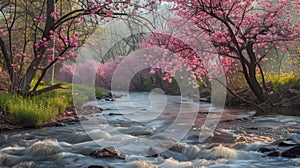 Sakura Blossoms Adorning a Serene Waterfall Scene.