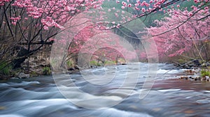 Sakura Blossoms Adorning a Serene Waterfall Scene.