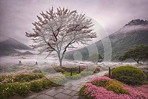 Sakura blossoms in japanese style ornamental garden, beautiful landscape. Generative AI
