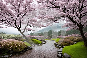 Sakura blossoms in japanese style ornamental garden, beautiful landscape. Generative AI