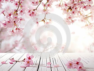 sakura blossoms and wooden table flooring, AIgenerated